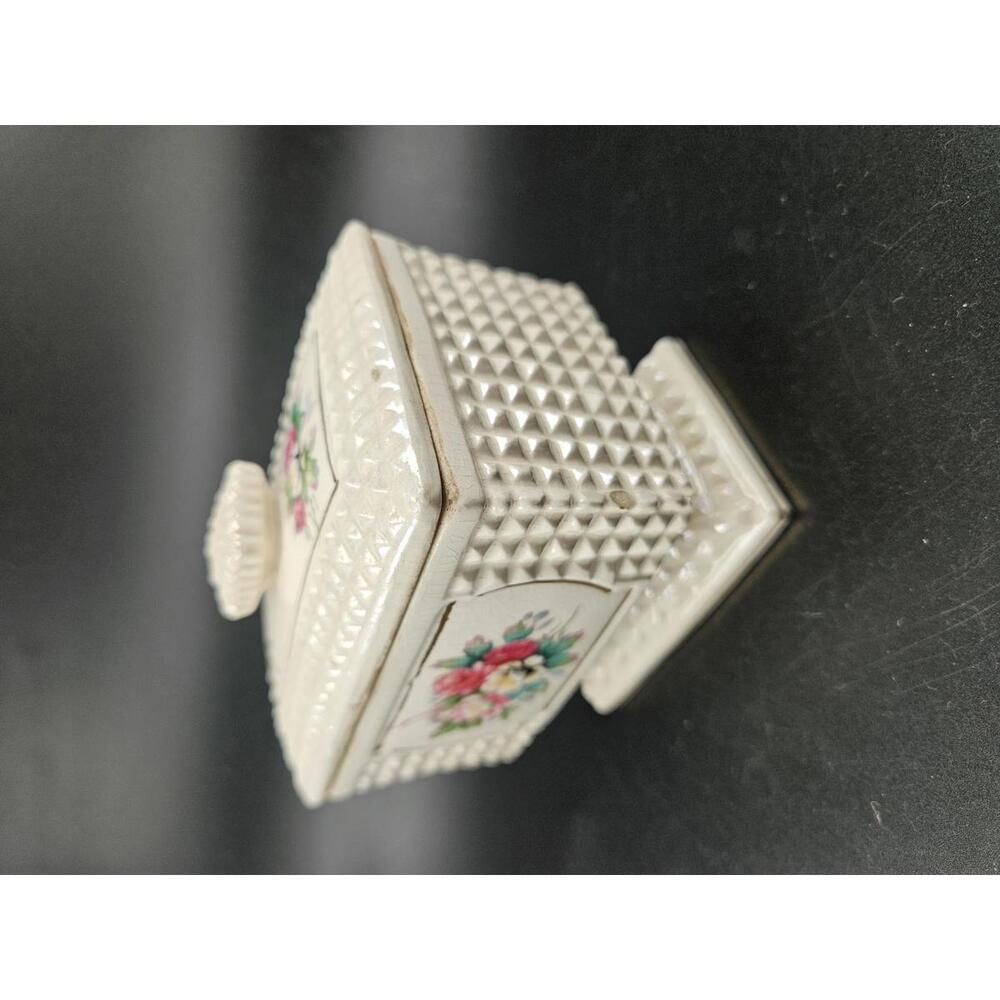 Mid Century Hollywood Regency Ivory & RosesPyramidal Hobnob Lidded Trinket Box - Picture 2 of 14